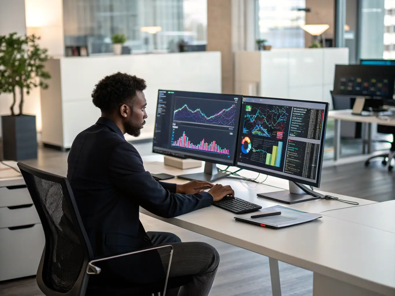 A photo of a data analyst reviewing analytics dashboards, showing key performance indicators (KPIs) and conversion metrics.