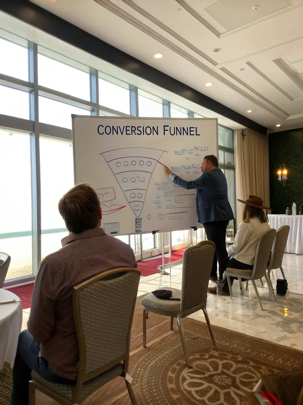 A visual representation of a client acquisition funnel, showing the journey from initial ad exposure to becoming a paying customer.